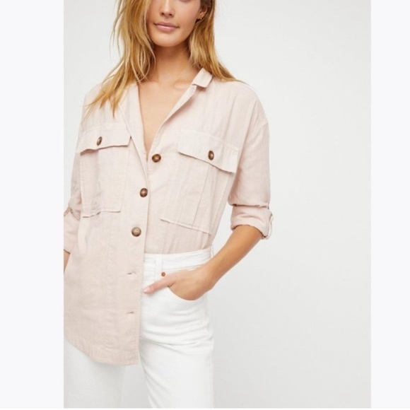 FREE PEOPLE Sunshine in my pocket pale pink button boho collared oversized top L - Picture 1 of 11